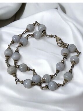 Vintage blue lace agate and 925 silver handmade double strand bracelet